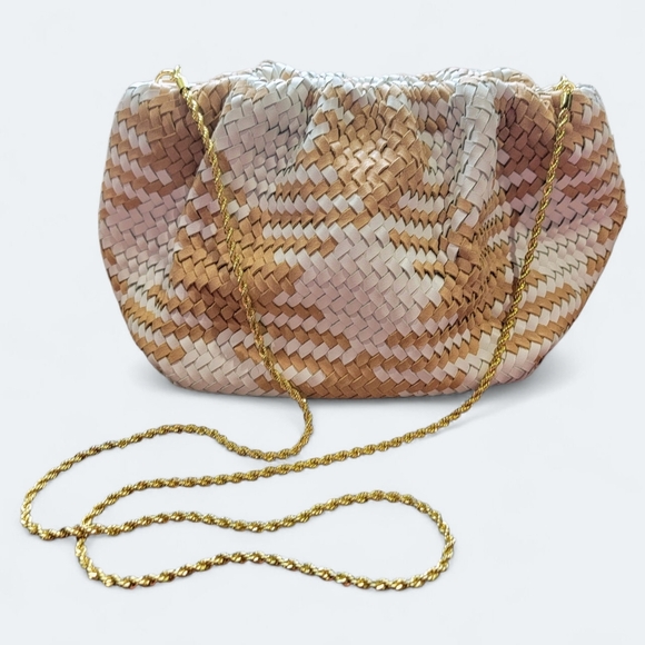 Loeffler Randall Clutch Woven Tan and Cream Bag Detachable Chain Gold Tone - Picture 1 of 16